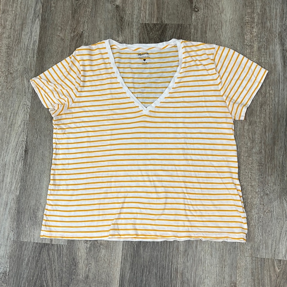 Madewell V Neck Short Sleeve Tee White and Yellow Striped Size XL 100% Cotton